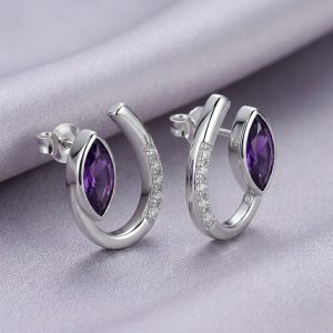 AGOR 925 Sterling Silver Modern Sweep Amethyst Color Earrings High Polish Rhodium Women's Jewellery