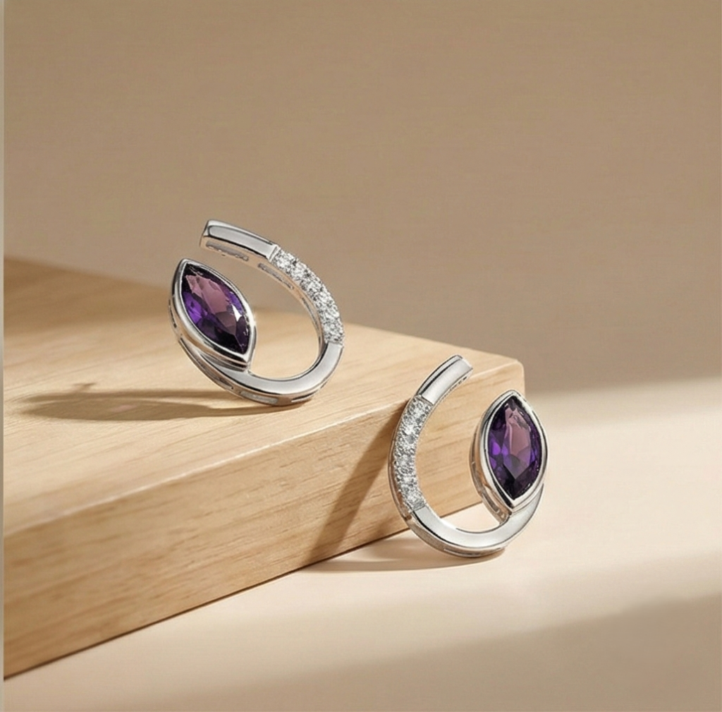 AGOR 925 Sterling Silver Modern Sweep Amethyst Color Earrings High Polish Rhodium Women's Jewellery