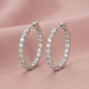 AGOR 925 Sterling Silver Classic Baguette Hoop Earrings High Polish Rhodium Women's Jewellery