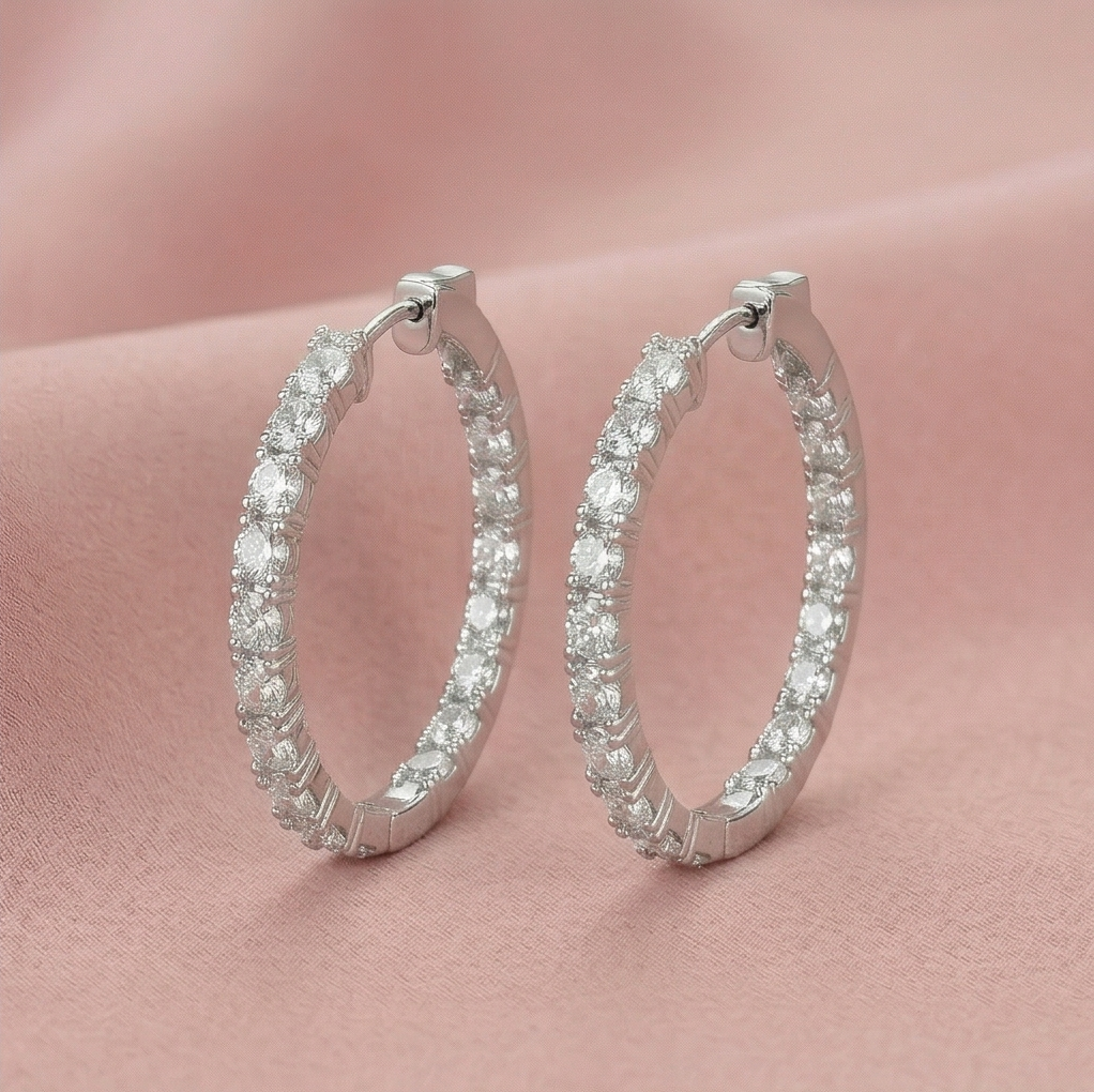 925 Sterling Silver Classic Baguette Hoop Earrings High Polish Rhodium Women's Jewellery