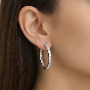 AGOR 925 Sterling Silver Classic Baguette Hoop Earrings High Polish Rhodium Women's Jewellery
