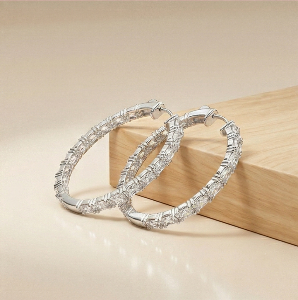 AGOR 925 Sterling Silver Classic Baguette Hoop Earrings High Polish Rhodium Women's Jewellery