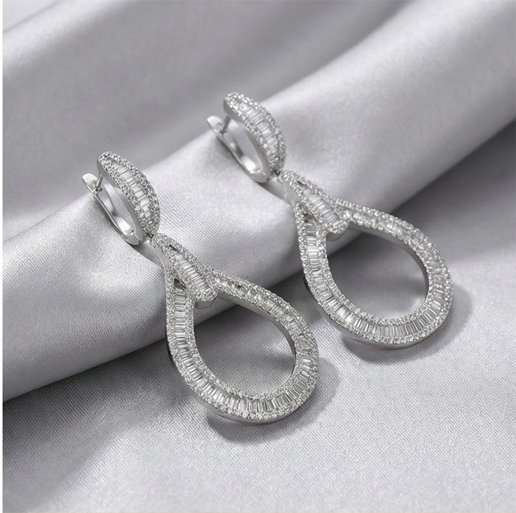 925 Sterling Silver Statement Open Teardrop Earrings High Polish Rhodium Women's Jewellery