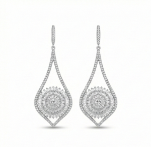 AGOR 925 Sterling Silver Sunburst Teardrop Dangle Earrings High Polish Rhodium Women's Jewellery