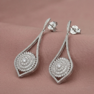 AGOR 925 Sterling Silver Sunburst Teardrop Dangle Earrings High Polish Rhodium Women's Jewellery