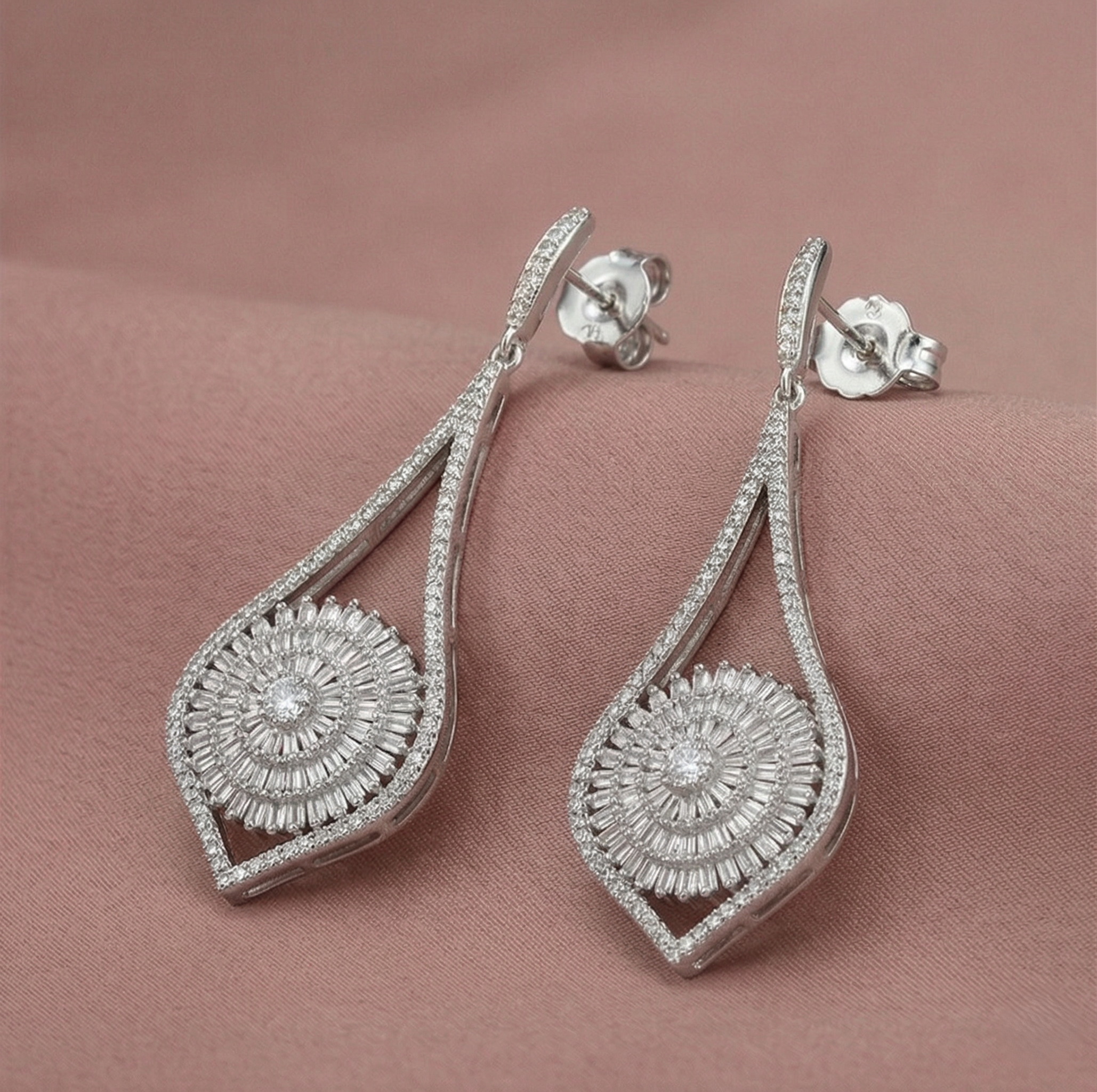 925 Sterling Silver Sunburst Teardrop Dangle Earrings High Polish Rhodium Women's Jewellery