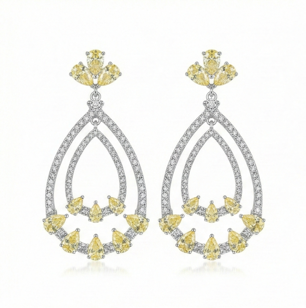 AGOR 925 Sterling Silver Yellow Teardrop Chandelier Earrings High Polish Rhodium Women's Jewellery