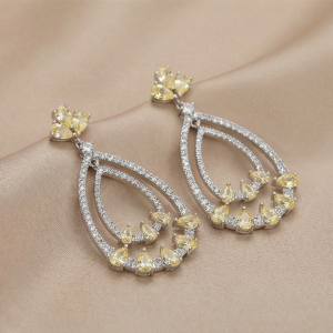 AGOR 925 Sterling Silver Yellow Teardrop Chandelier Earrings High Polish Rhodium Women's Jewellery