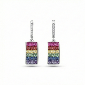 AGOR 925 Sterling Silver Rainbow Rectangular Drop Earrings High Polish Rhodium Finish Statement Jewellery for Women