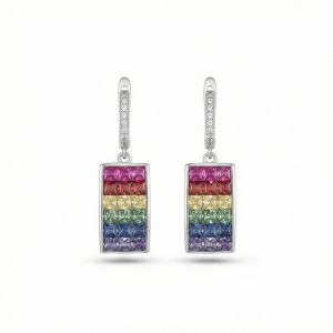 925 Sterling Silver Rainbow Rectangular Drop Earrings High Polish Rhodium Finish Statement Jewellery for Women