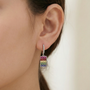 AGOR 925 Sterling Silver Rainbow Rectangular Drop Earrings High Polish Rhodium Finish Statement Jewellery for Women