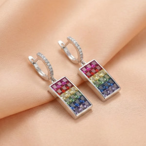 925 Sterling Silver Rainbow Rectangular Drop Earrings High Polish Rhodium Finish Statement Jewellery for Women