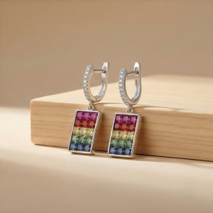 AGOR 925 Sterling Silver Rainbow Rectangular Drop Earrings High Polish Rhodium Finish Statement Jewellery for Women