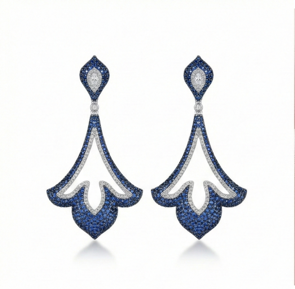 AGOR 925 Sterling Silver Blue Filigree Chandelier Earrings High Polish Rhodium Finish Statement Jewellery for Women