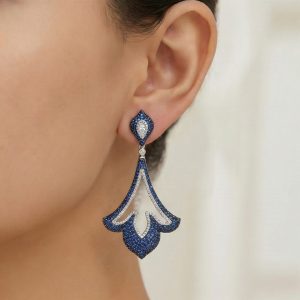 AGOR 925 Sterling Silver Blue Filigree Chandelier Earrings High Polish Rhodium Finish Statement Jewellery for Women