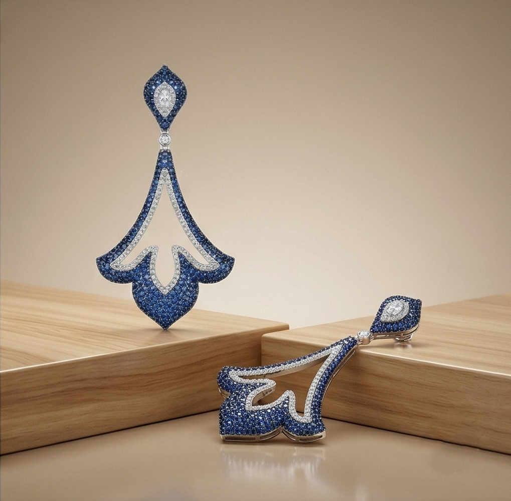 925 Sterling Silver Blue Filigree Chandelier Earrings High Polish Rhodium Finish Statement Jewellery for Women