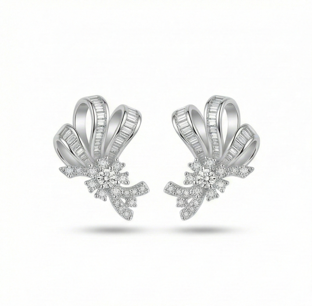 AGOR 925 Sterling Silver Elegant Bow Motif Stud Earrings High Polish Rhodium Finish Classic Jewellery for Women