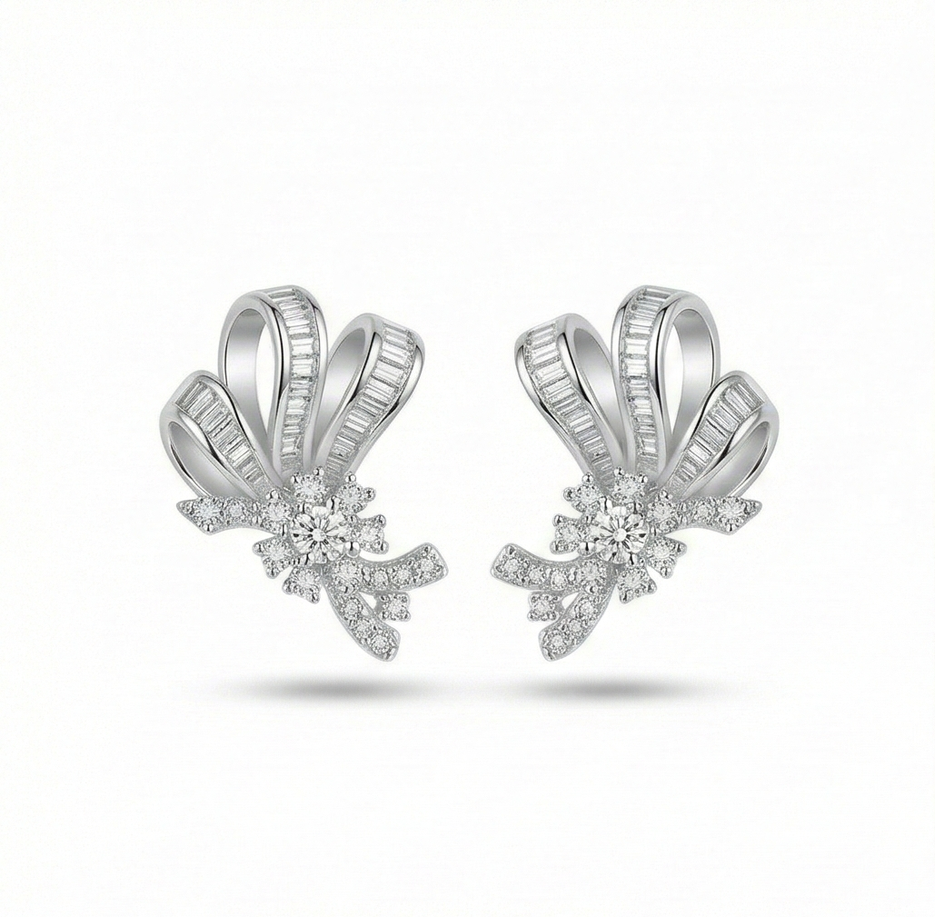 925 Sterling Silver Elegant Bow Motif Stud Earrings High Polish Rhodium Finish Classic Jewellery for Women