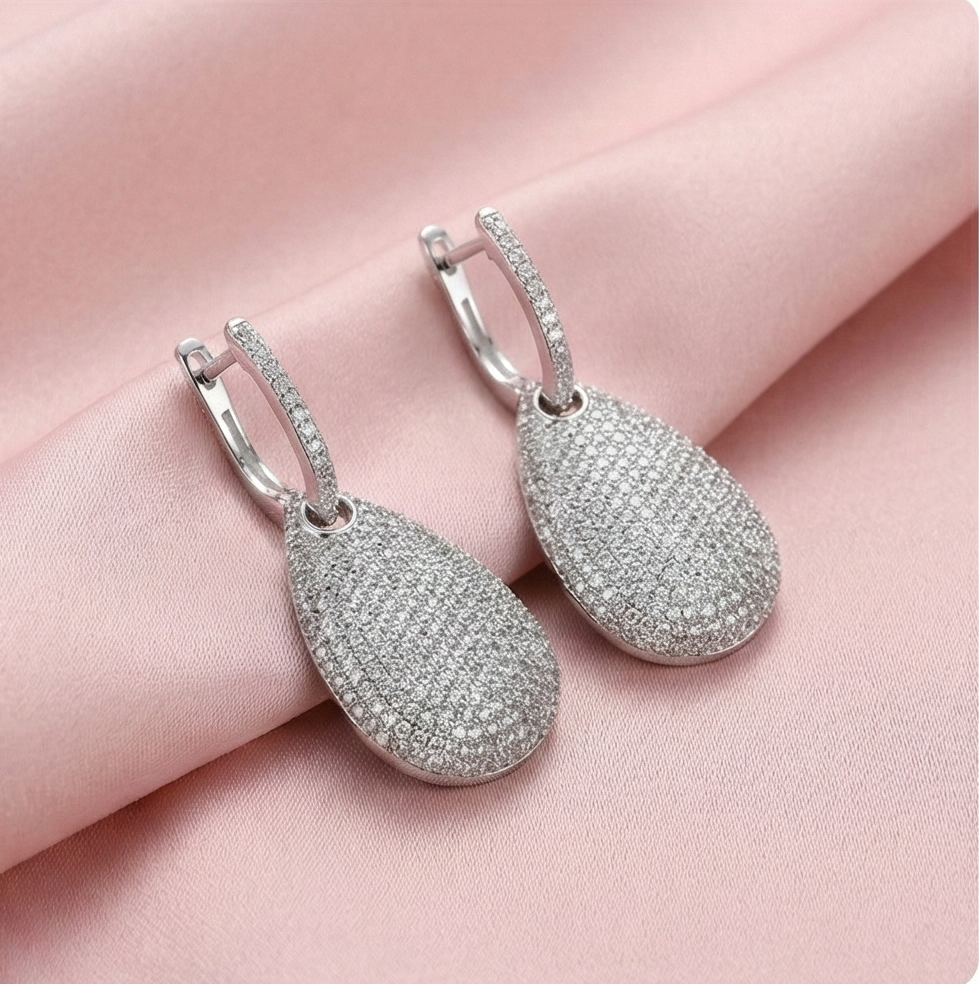 925 Sterling Silver Pave Teardrop Dangle Earrings High Polish Rhodium Finish Glamorous Jewellery for Women