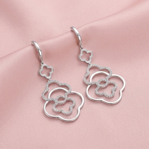 925 Sterling Silver Interlocking Quatrefoil Drop Earrings High Polish Rhodium Finish Minimalist Jewellery for Women