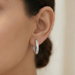 AGOR 925 Sterling Silver Baguette Oval Hoop Earrings High Polish Rhodium Finish Minimalist Jewellery