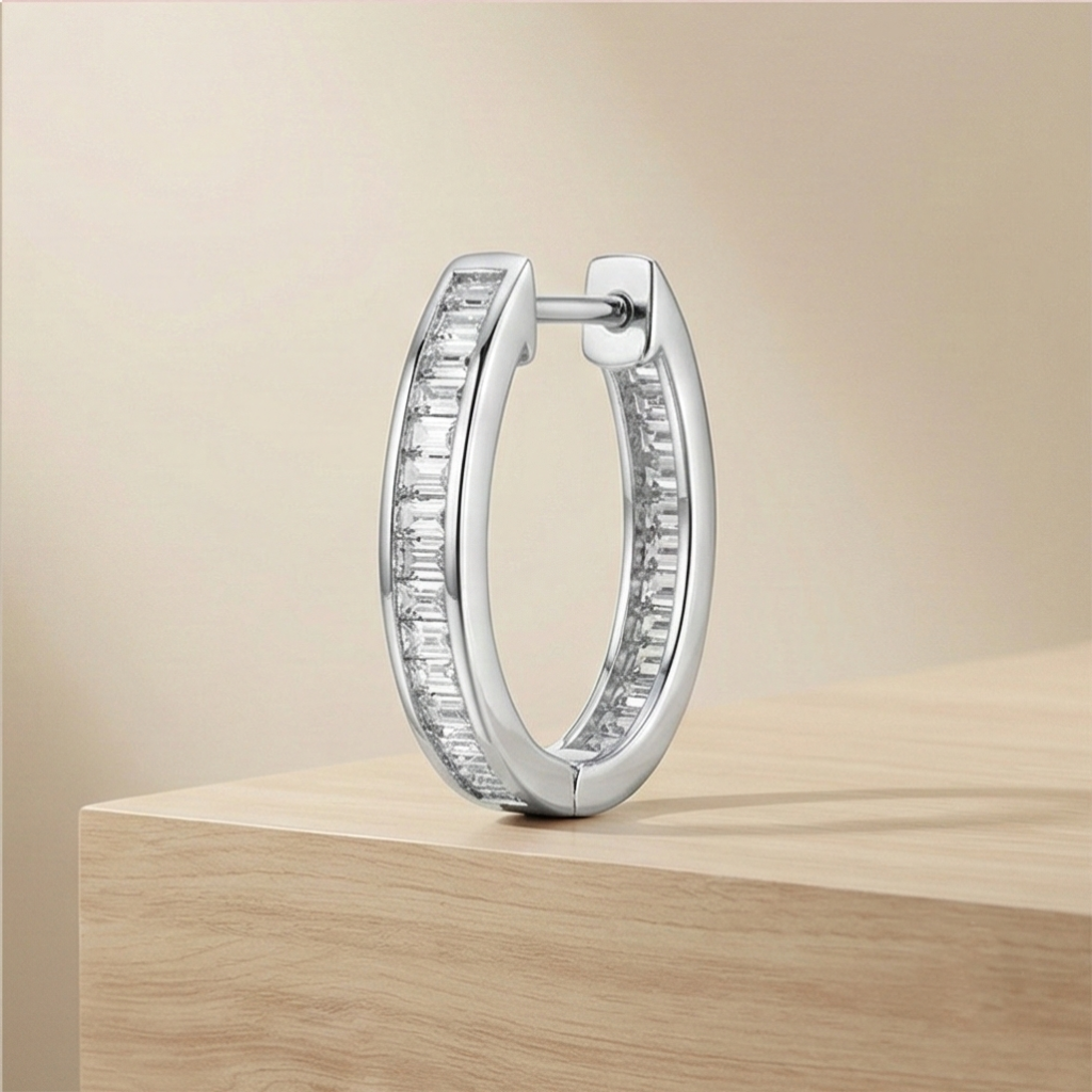 AGOR 925 Sterling Silver Baguette Oval Hoop Earrings High Polish Rhodium Finish Minimalist Jewellery