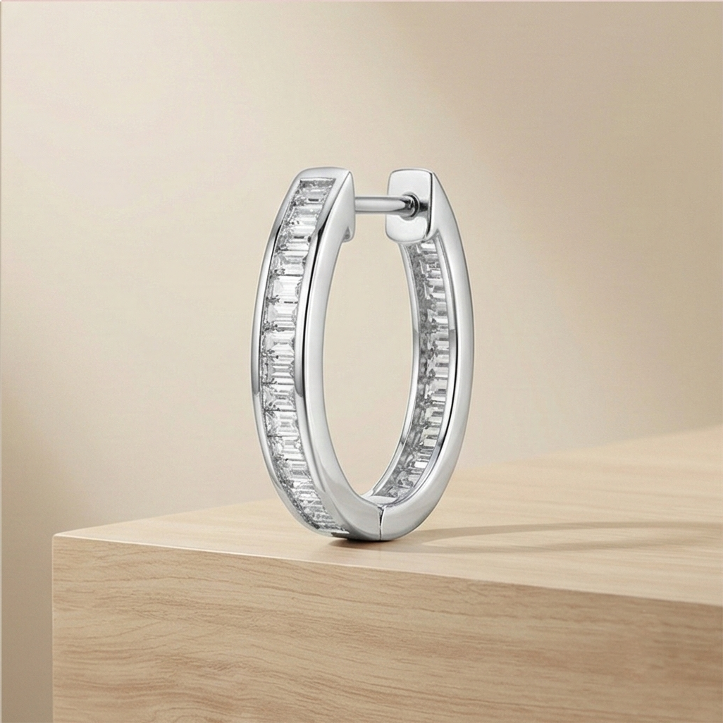 925 Sterling Silver Baguette Oval Hoop Earrings High Polish Rhodium Finish Minimalist Jewellery