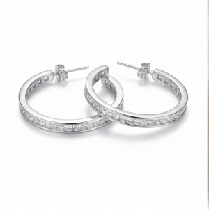 AGOR 925 Sterling Silver Medium Channel Set Hoop Earrings High Polish Rhodium Finish Classic Jewellery for Women