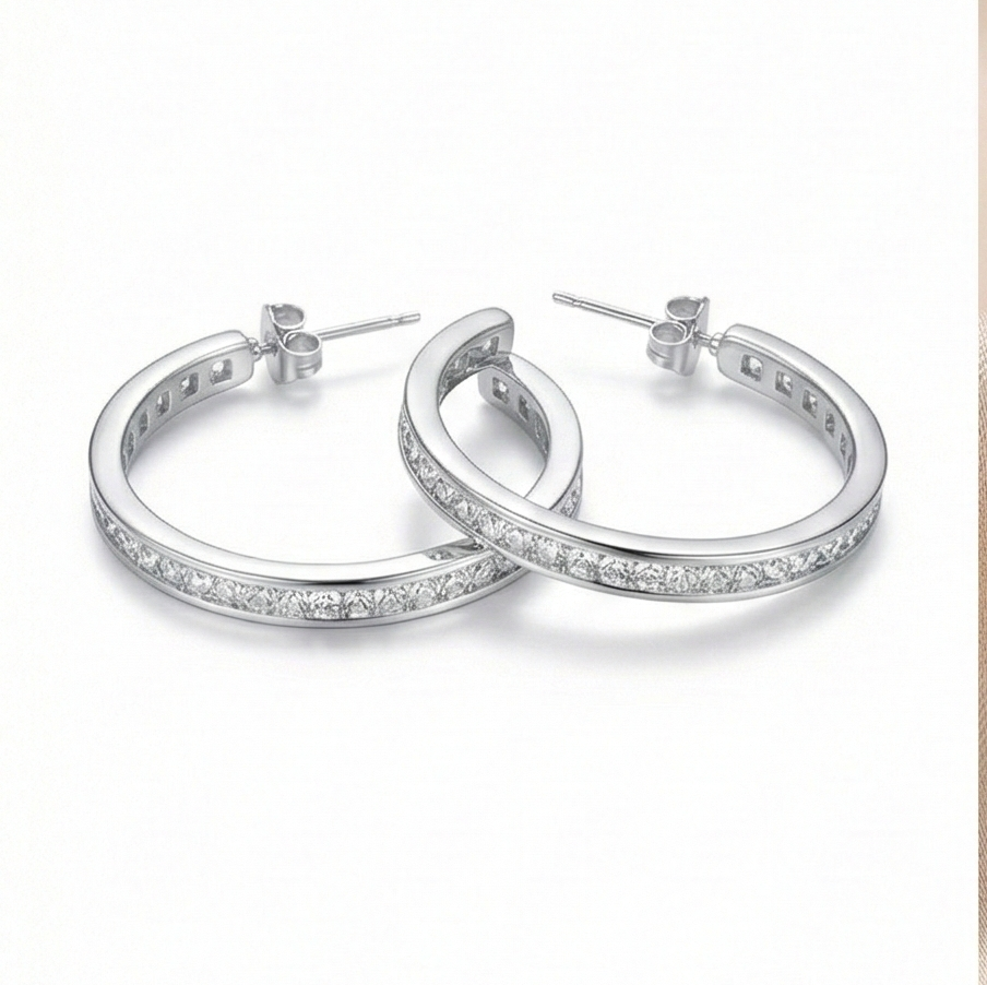 925 Sterling Silver Medium Channel Set Hoop Earrings High Polish Rhodium Finish Classic Jewellery for Women