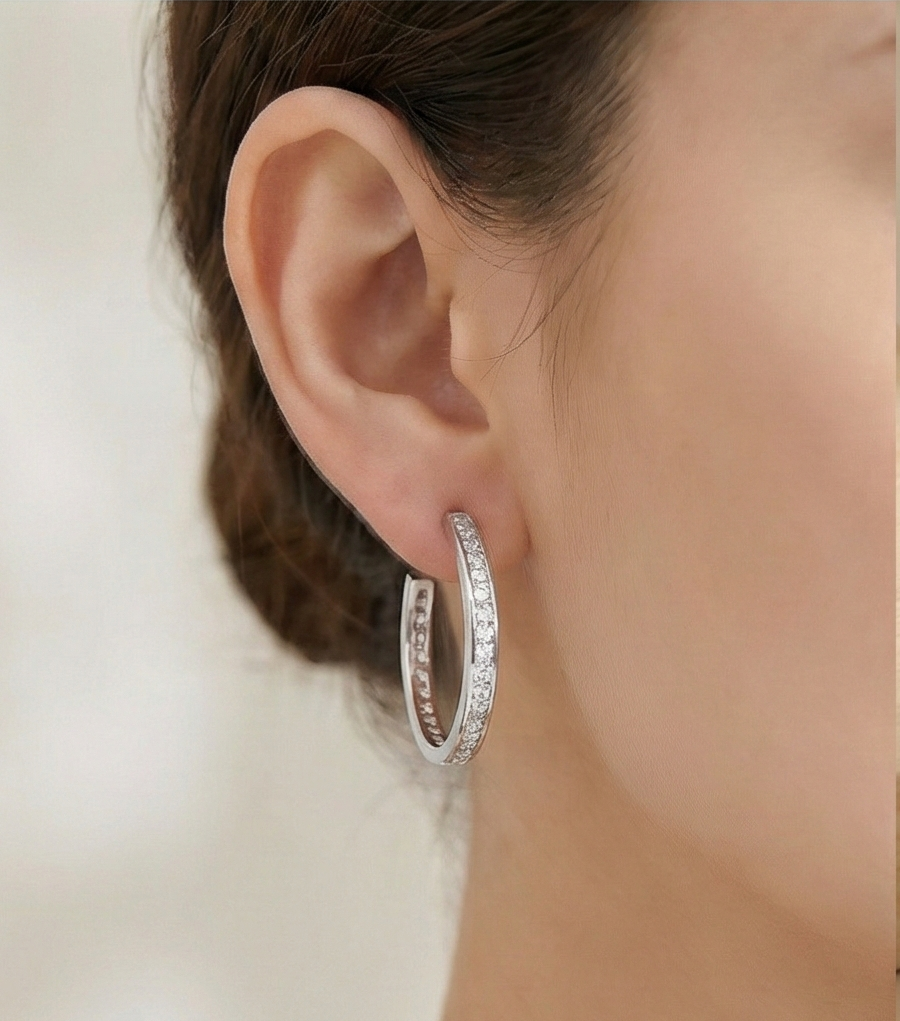 925 Sterling Silver Medium Channel Set Hoop Earrings High Polish Rhodium Finish Classic Jewellery for Women