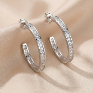 AGOR 925 Sterling Silver Medium Channel Set Hoop Earrings High Polish Rhodium Finish Classic Jewellery for Women