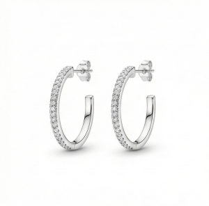 AGOR 925 Sterling Silver Slim Pave Hoop Earrings High Polish Rhodium Finish Minimalist Jewellery for Women