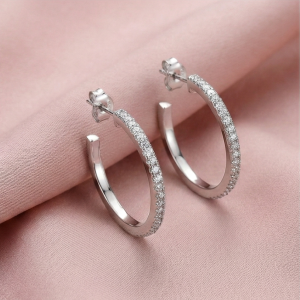 AGOR 925 Sterling Silver Slim Pave Hoop Earrings High Polish Rhodium Finish Minimalist Jewellery for Women