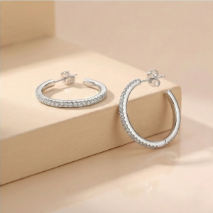 925 Sterling Silver Slim Pave Hoop Earrings High Polish Rhodium Finish Minimalist Jewellery for Women