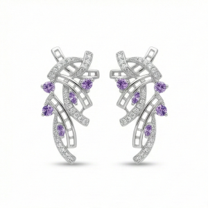AGOR 925 Sterling Silver Abstract Ribbon Drop Earrings with Purple Accents High Polish Rhodium Finish Statement Jewellery