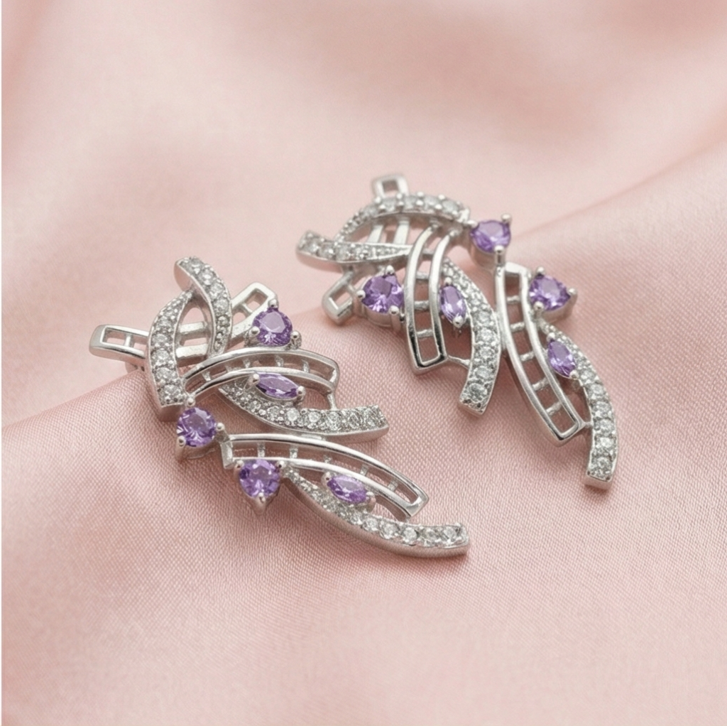 AGOR 925 Sterling Silver Abstract Ribbon Drop Earrings with Purple Accents High Polish Rhodium Finish Statement Jewellery