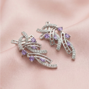 AGOR 925 Sterling Silver Abstract Ribbon Drop Earrings with Purple Accents High Polish Rhodium Finish Statement Jewellery