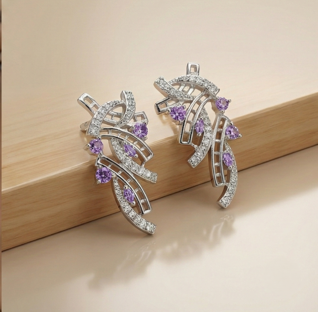 AGOR 925 Sterling Silver Abstract Ribbon Drop Earrings with Purple Accents High Polish Rhodium Finish Statement Jewellery