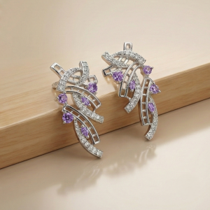 925 Sterling Silver Abstract Ribbon Drop Earrings with Purple Accents High Polish Rhodium Finish Statement Jewellery