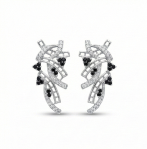 AGOR 925 Sterling Silver Abstract Ribbon Drop Earrings with Black Accents High Polish Rhodium Finish Fine Jewellery for Women