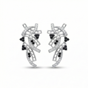 925 Sterling Silver Abstract Ribbon Drop Earrings with Black Accents High Polish Rhodium Finish Fine Jewellery for Women