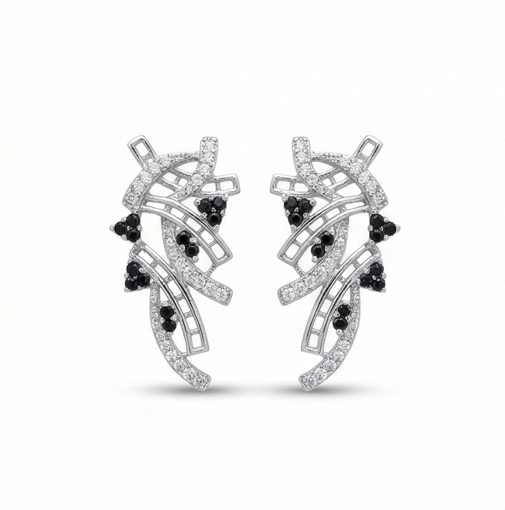 925 Sterling Silver Abstract Ribbon Drop Earrings with Black Accents High Polish Rhodium Finish Fine Jewellery for Women