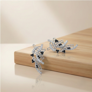 AGOR 925 Sterling Silver Abstract Ribbon Drop Earrings with Black Accents High Polish Rhodium Finish Fine Jewellery for Women