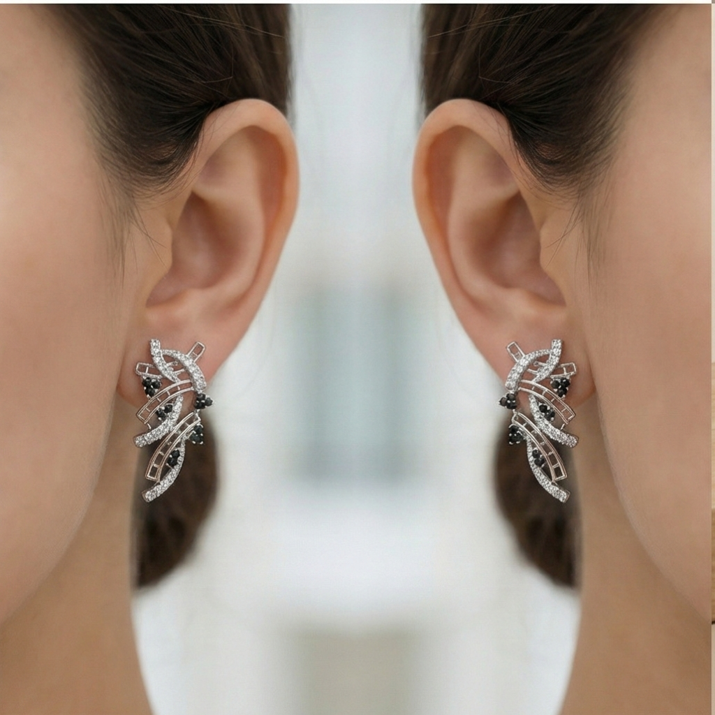 AGOR 925 Sterling Silver Abstract Ribbon Drop Earrings with Black Accents High Polish Rhodium Finish Fine Jewellery for Women