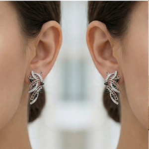 AGOR 925 Sterling Silver Abstract Ribbon Drop Earrings with Black Accents High Polish Rhodium Finish Fine Jewellery for Women