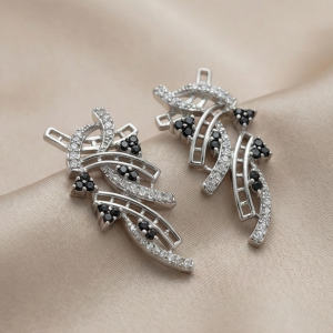 925 Sterling Silver Abstract Ribbon Drop Earrings with Black Accents High Polish Rhodium Finish Fine Jewellery for Women