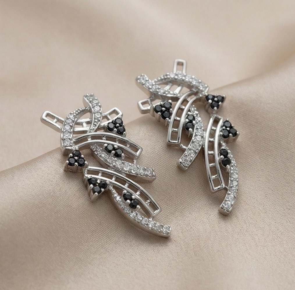 925 Sterling Silver Abstract Ribbon Drop Earrings with Black Accents High Polish Rhodium Finish Fine Jewellery for Women