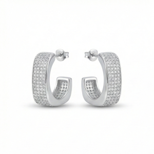 AGOR 925 Sterling Silver Wide Pave Hoop Earrings for Women High Polish Rhodium Finish Jewellery