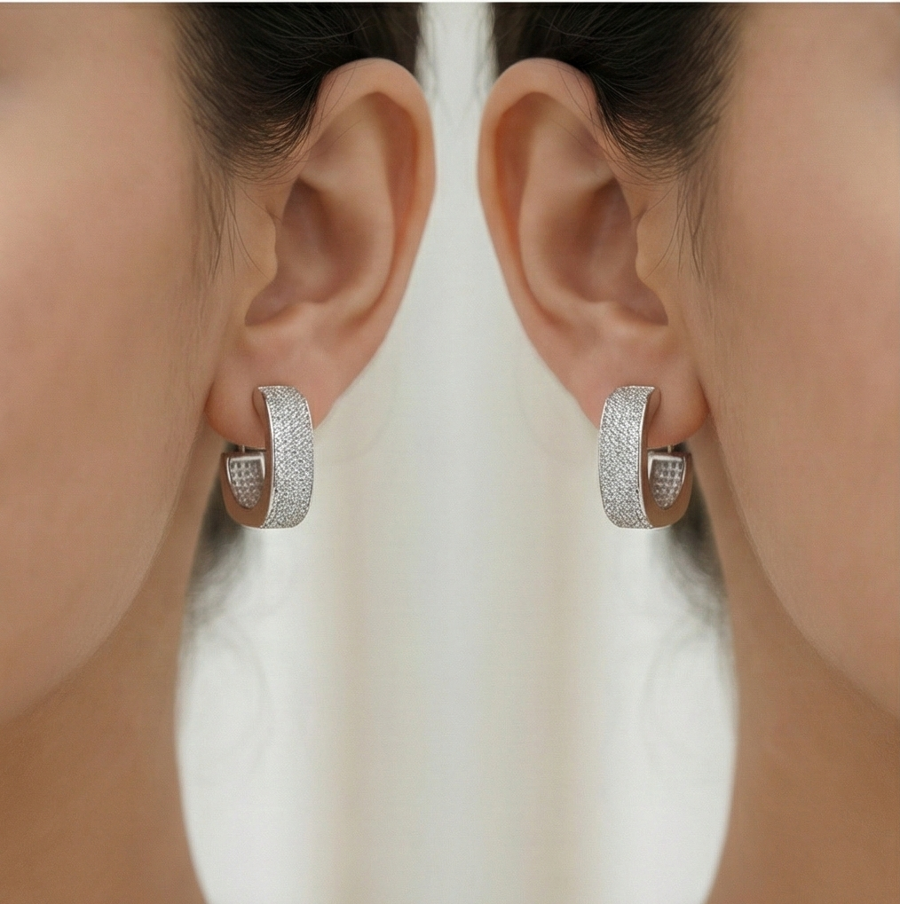 925 Sterling Silver Wide Pave Hoop Earrings for Women High Polish Rhodium Finish Jewellery