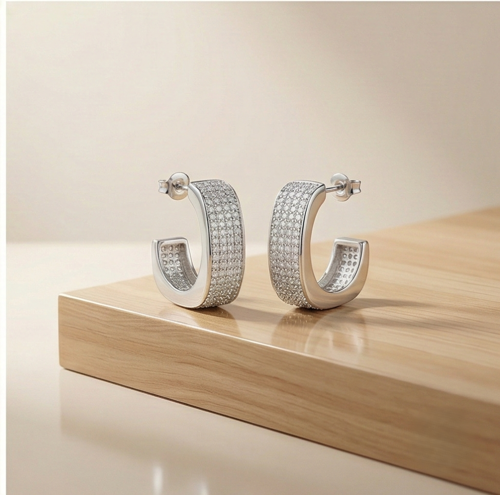 AGOR 925 Sterling Silver Wide Pave Hoop Earrings for Women High Polish Rhodium Finish Jewellery